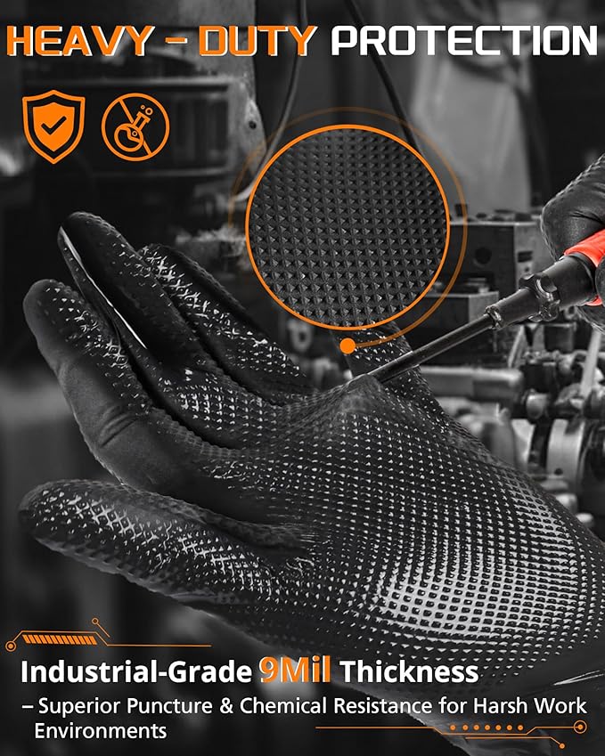 wcy 9 Mil Heavy Duty Black Nitrile Gloves,Raised Diamond Texture Grip,Industrial Mechanic Rubber Gloves Disposable Latex Free Chemical Resistant Guantes for Work,Cooking,Food Safe - Large,80Count