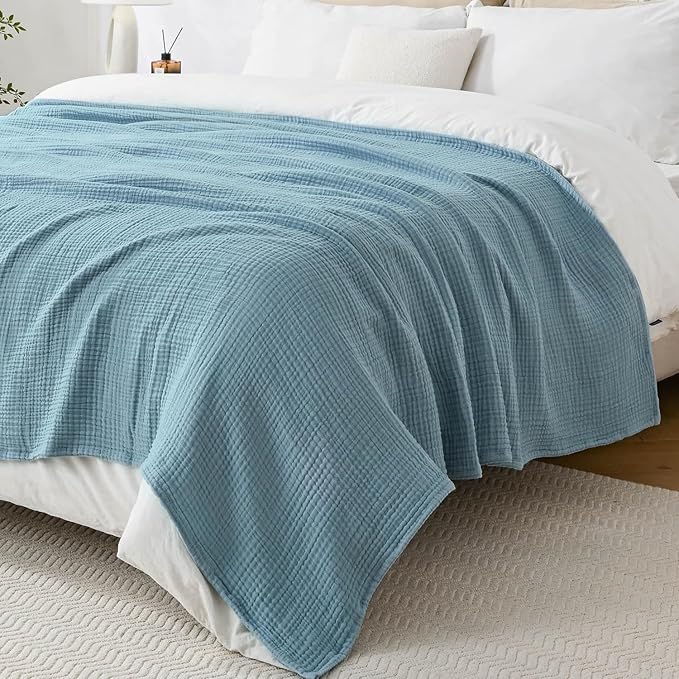Muslin Blanket 100% Cotton Blanket Throw 108”x90”, Lightweight Breathable Summer Blanket Throw. Supersoft 4-Layer Gauze Throw Blanket for Sofa, Couch, Bed, All-Season Use, Sky Blue