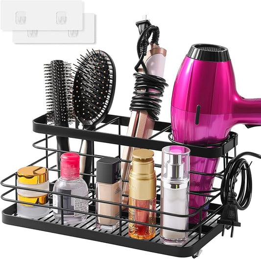 Metal Hair Tool Organizer Wall Mounted, Hair Dryer Holder Basket Storage, Bathroom Sink Organizer Countertop for Vanity Makeup Brush/Hair Straightener/Styling Tools, Matte Black, Stand