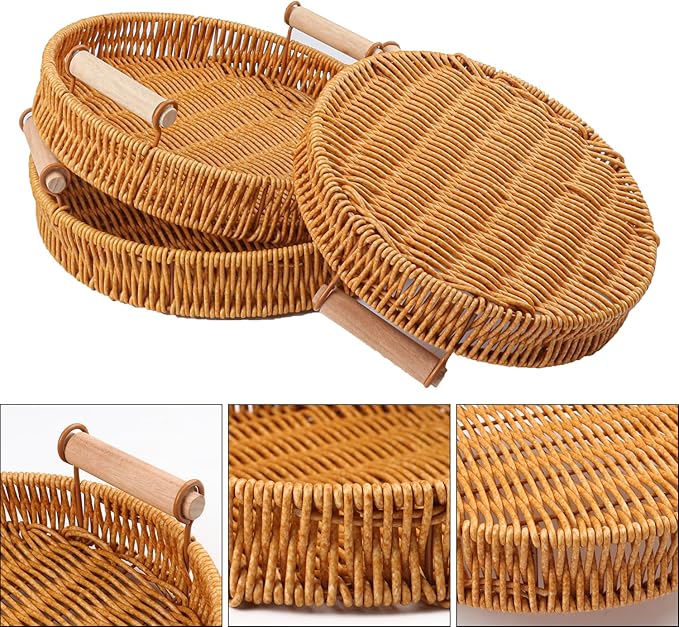 4 Pack 10.8 inch Round Rattan Tray, Round Woven Serving Basket with Handles, Storage Rattan Serving Trays for Home, Restaurant & Hotel Use, Durable & Easy-Cleaning