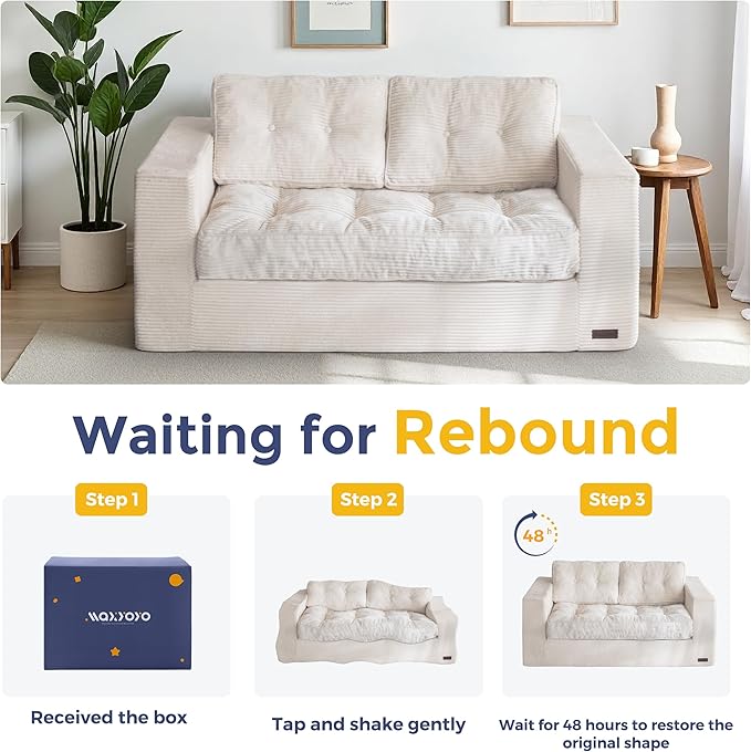 MAXYOYO Loveseat Sofa Couch, Upholstered Bean Bag Chair Cloud 2-Seat for Adults, Boneless Couch with Tufted Cushion & Pillows, Sofa in A Box, No Assembly Required, Beige