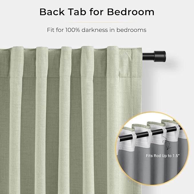 INOVADAY 100% Blackout Curtains for Bedroom, Black Out Curtains 84 Inch Long, Clip Rings Linen Blackout Drapes, Thermal Insulated Room Darkening for Living Room, 2 Panels - Sage,W50xL84