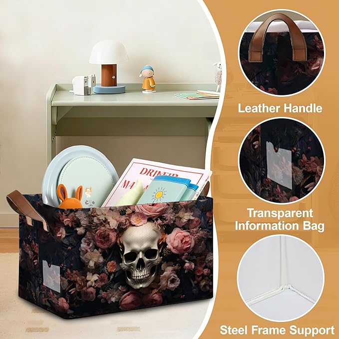 Pink Flower Skull Storage Bins with Handles, Collapsible Storage for Clothes, Gift Basket, Blankets & Closet Organization