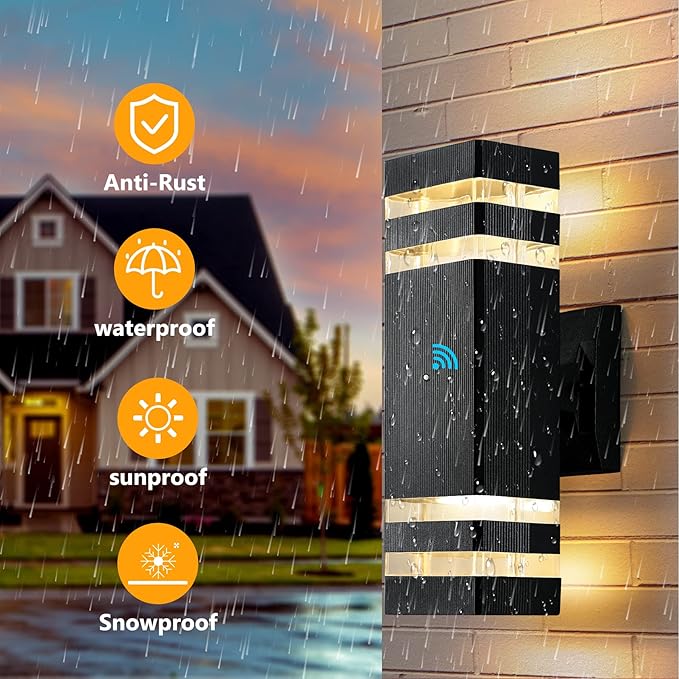 tewei Dusk to Dawn Outdoor Wall Lights Fixture, Up and Down Porch Lights Outdoor Wall Black Modern Exterior Lights, IP65 Warm White 3000K Waterproof LED Wall Sconce for House Garage, 2 Pack