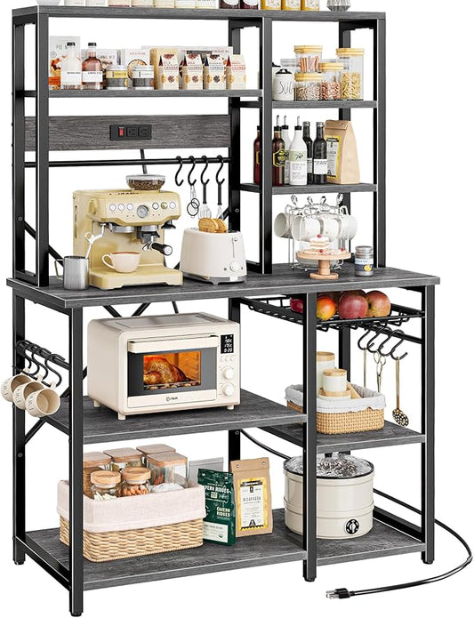 SUPERJARE Large Bakers Rack with Power Outlets, 6-Tier Microwave Stand, Coffee Bar with 12 S-Shaped Hooks, Kitchen Shelf with Wire Basket, 39.4 x 14.6 x 66.9 Inches, Charcoal Gray