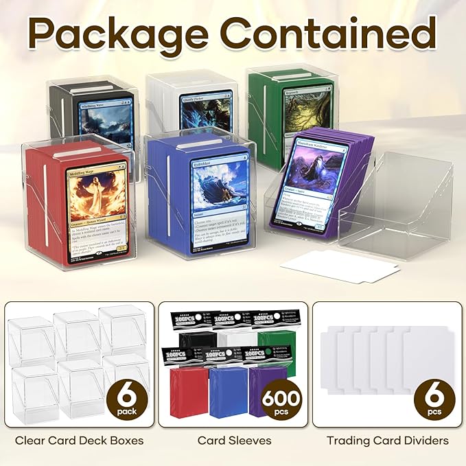6 Pack Card Deck Boxes, Clear Commander Deck Case with 600Pcs Card Sleeves and Dividers, Standard Size Cards Storage Box Perfect Fit for MTG, Sport, Trading Cards (6 colors)