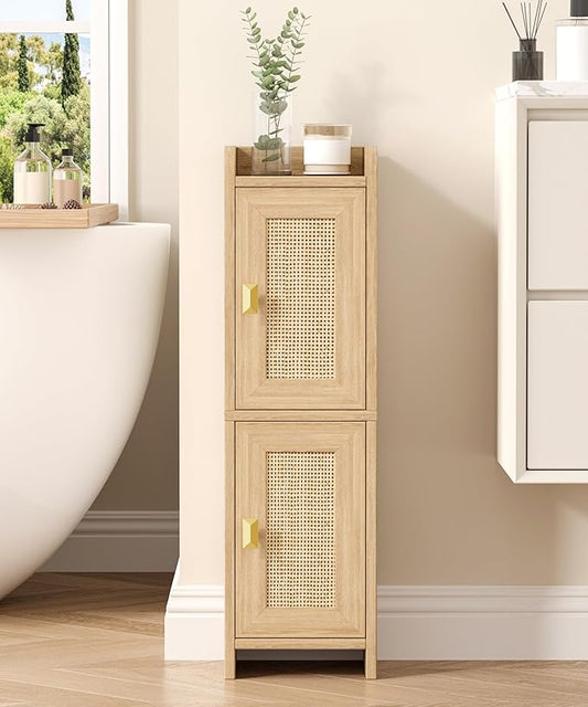 Rattan Small Bathroom Cabinet with 2 Doors, 7.9''D x 7.9''W Narrow Toilet Paper Storage Cabinet, Bathroom Organizer for Small Spaces, Wooden Slim Corner Unit with Adjustable Shelf, Natural Oak