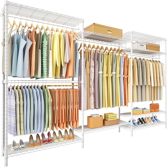 Ulif E13 Max Heavy Duty Clothes Rack（With 4 Hanger Rods & 8 Shelves） Freestanding Clothing Racks for Hanging Clothes，Adjustable Closet，Metal Garment Rack 86" W x16 D x77 H，Max Load 1100LBS，White