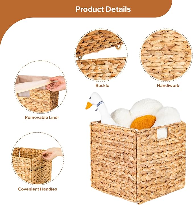 12inch Wicker Storage Cubes, Water Hyacinth Storage Baskets with Handles, Natural Foldable Square Storage Baskets for Shelves, Wardrobes, 2 Pack
