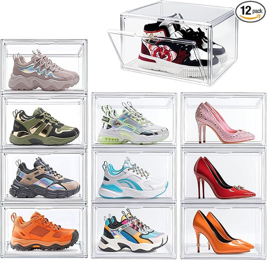 12 Pack Acrylic Sneakr Shoe Display Case, Size 12.5 Shoe Storage Boxes Clear Stackable Purse Handbag Organizer Under Bed Storage Bins with Magnetic Lids