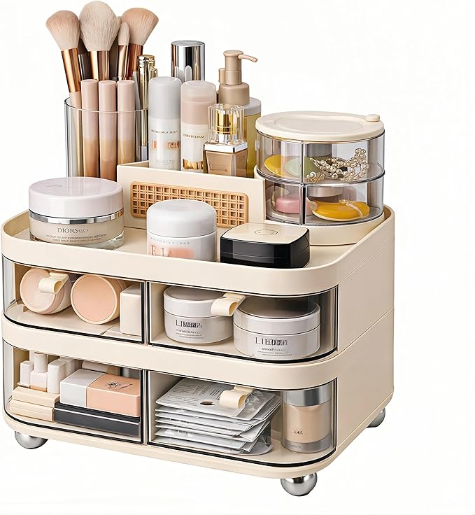 Large Makeup Organizer for Vanity, 3-Tier Dustproof Cosmetic Storage with Drawers & Brush Holder, Skincare Organizer for Bottles, Creams, Lipsticks & Palettes