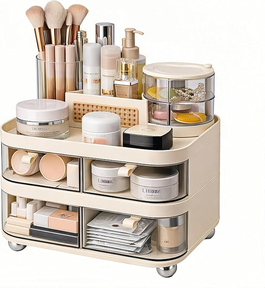 Large Makeup Organizer for Vanity, 3-Tier Dustproof Cosmetic Storage with Drawers & Brush Holder, Skincare Organizer for Bottles, Creams, Lipsticks & Palettes
