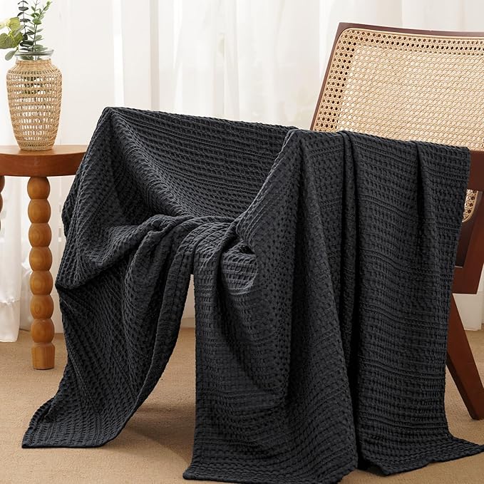 PHF Lightweight Waffle Weave Throw Blanket 50"x 60", Soft Woven Summer Blanket for Hot Sleepers - Aesthetic Home Decor for Couch Bed Sofa, Pet Friendly, Black