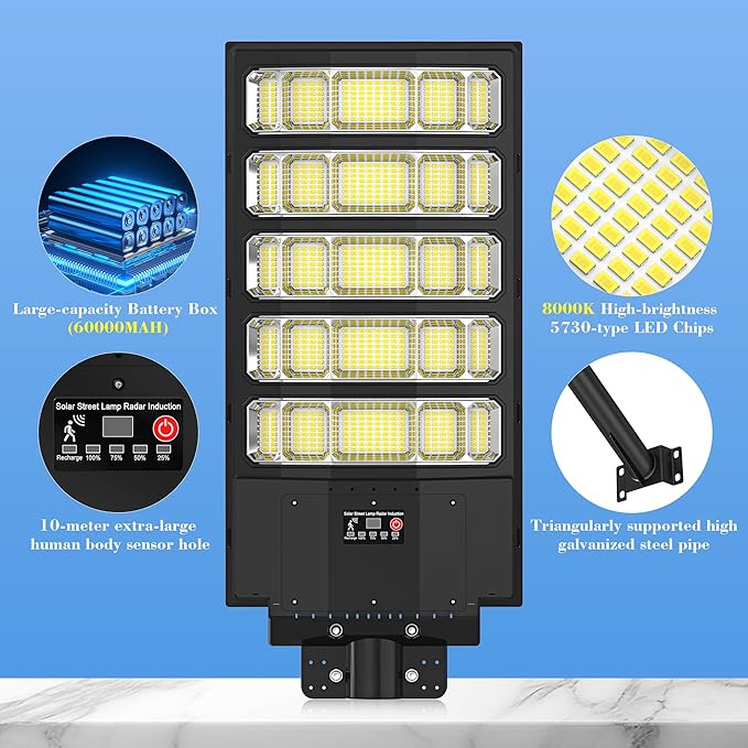 Solar Street Light Outdoor, 10000W Solar Lights Outdoor Waterproof with Motion Sensor, IP66 Solar Flood Lights for Yard, Pathway, Parking Lot - 350° Wide Angle & Remote Control Included (2 PACK)