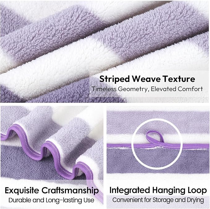 Microfiber Bath Towels, Bath Towel 2 Pack 30" x 60", Oversized, Soft, Super Absorbent and Fast Drying, Multipurpose Bathroom Towel Set for Sport, Fitness, Yoga, Coral Fleece Stripe Purple