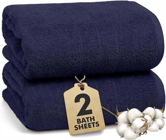 Bath Sheets – Extra Large Bathroom Sheet Set – Pack of 2 Jumbo Towels Navy Blue (71x35in) – 100% Cotton Soft Quick Dry Large Bath Towels for Adults Hotel Spa Bathroom Use