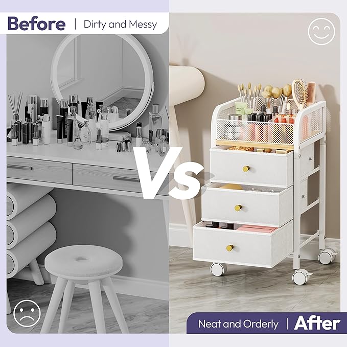 SWTYMIKI Rolling Makeup Organizer Cart - Floor Skincare Make Up Storage with 3 Non-woven Drawers, Vanity Organizer Cosmetic Display Cases Cabinet for Skin Care Perfume Nail Polish Brush Hair Tool