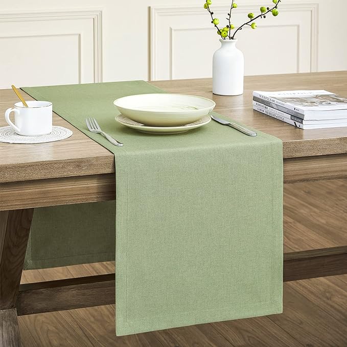 ZeeMart Basic Linen Style Table Runner, 14 x 90 Inch Sage Green, Rustic Farmhouse Green Table Runners 90 Inches Long, Everyday Polyester Table Runner - Machine Washable & Easy Care