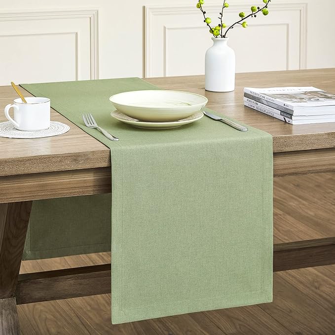 ZeeMart Basic Linen Style Table Runner, 14 x 60 Inch Sage Green, Rustic Farmhouse Green Table Runners 60 Inches Long, Everyday Polyester Table Runner - Machine Washable & Easy Care