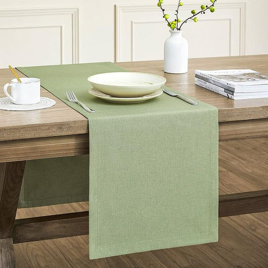 ZeeMart Basic Linen Style Table Runner, 14 x 60 Inch Sage Green, Rustic Farmhouse Green Table Runners 60 Inches Long, Everyday Polyester Table Runner - Machine Washable & Easy Care