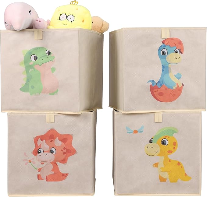 Navaris Toy Storage Boxes - Kids Bedroom Cube Baskets w/ Pull-Out Loop - Fabric Collapsible Box Drawers Unit for Shelves - Compatible with Ikea Kallax Inserts - Set of 4 Dinosaurs