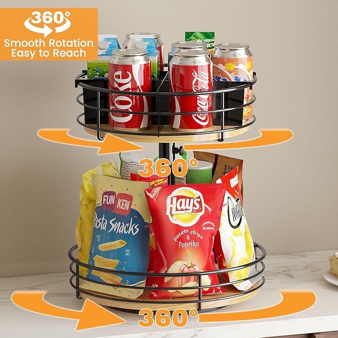 2-Tier Rotating Snack Organizer - Height Adjustable Lazy Susan Turntable for Kitchen Countertop, Black