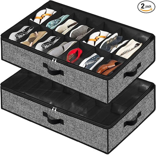 Under Bed Shoe Storage Organizer for Closet 2 Pack- Fits 32 Pairs Underbed Shoes Container Boxes Black