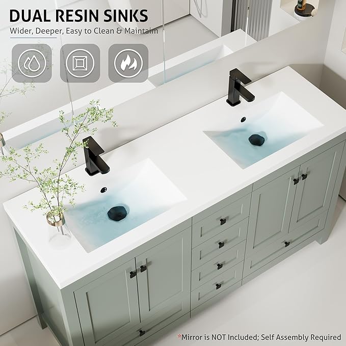 eclife 60" Bathroom Vanities with Sink Combo, Modern Thickened Wood Bathroom Storage Cabinet w/Undermount Double Sink, Matte Black Faucet Drain, Painted Surface, Green