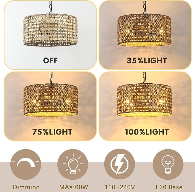 5-Light Boho Rattan Pendant Light, 18" Hand Woven Chandelier Wicker Coast Light Fixture Bohemian Hanging Ceiling Lights Natural Lighting for Dining Room Kitchen Island Living Room Bedroom