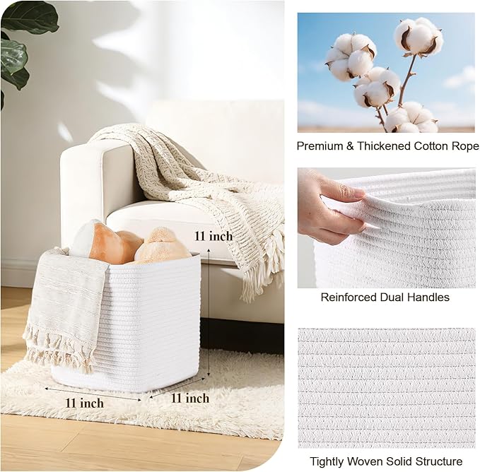 Storage Cubes 11 Inch Storage Baskets for Shelves, Cotton Rope Woven Baskets for Organizing, Cube Storage Square Bins for Toy, Playroom Decor, Classroom, Closet, White, 1pack