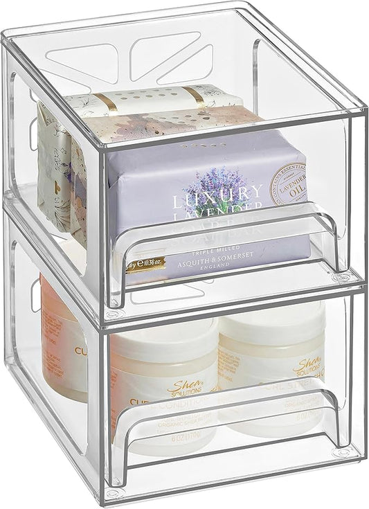 Oizeir Clear Stackable Storage Drawers - 2-Pack Acrylic Makeup Organizer Bins for Vanity, Bathroom, Countertop, Cabinet, or Kitchen - Perfect for Cosmetics, Office, and Small Item Organization