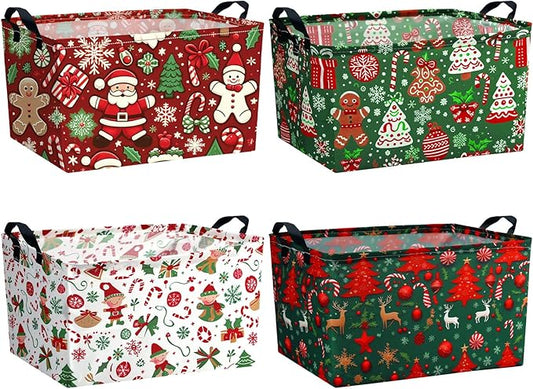 4 Pack Christmas Storage Bin Collapsible Large Christmas Storage Baskets for Gifts Xmas Tree Canvas Laundry Basket Foldable Box with Handle for Office Home Bedroom Clothes Toys Holiday Decor