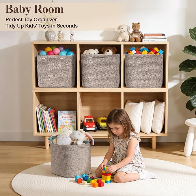 Storage Cubes 11 Inch Storage Baskets for Shelves, Cotton Rope Woven Baskets for Organizing, Cube Storage Square Bins for Toy, Playroom Decor, Classroom, Closet, Brown, 1pack