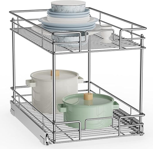 ROOMTEC New Version Pull Out Cabinet Organizer for Base Cabinet (20" W X 21" D), Kitchen Cabinet Organizer and Storage 2-Tier Cabinet Pull Out Shelves Under Cabinet Storage for Kitchen Silver,Chrome