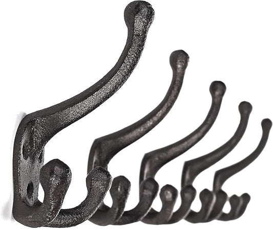 Ambipolar 5-Pack TriLeg Coat Hooks. Wall Mounted, Heavy Duty Decorative Black Wall Hooks for Mudroom, Hat Rack, Purse Hooks. Cast Iron Decorative ‎Antique Black Hooks