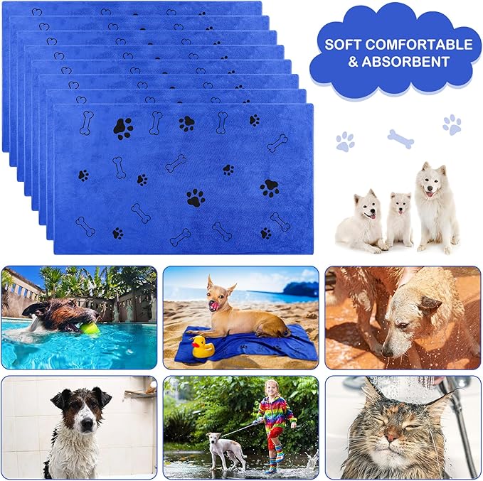 8 Pcs Dog Towels for Drying Dogs Cats Pet Towels Bulk Puppy Microfiber Quick Drying Paw Bath Bathing Supplies Absorbent for Medium Pets(Dark Blue,40 x 24 Inch)