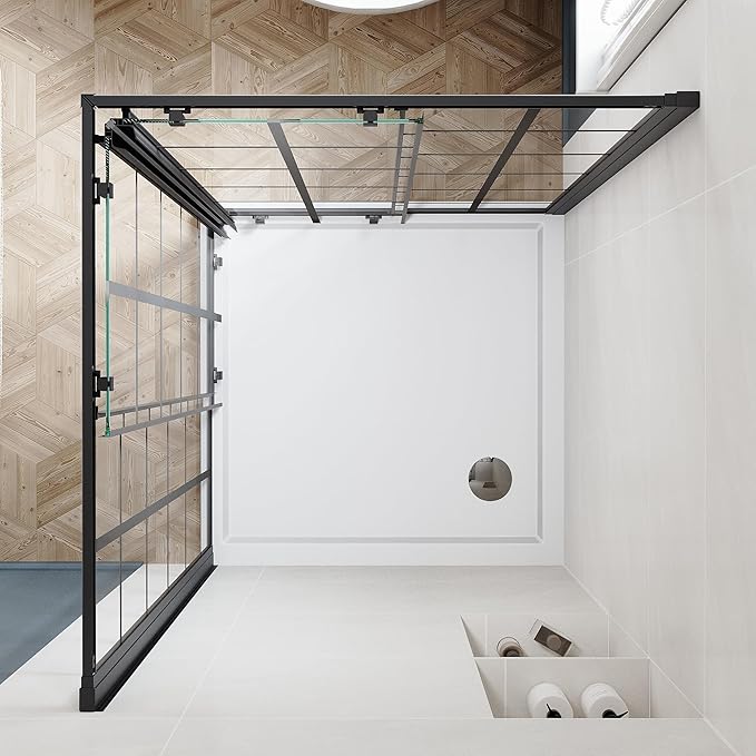 SUNNY SHOWER Double Sliding Shower Door with 1/4 in. Clear Tempered Glass Corner Shower Enclosure 34 in.D x 34 in. W x 72 in. H Corner Shower Doors Black Hardware Framed Glass Shower Stalls