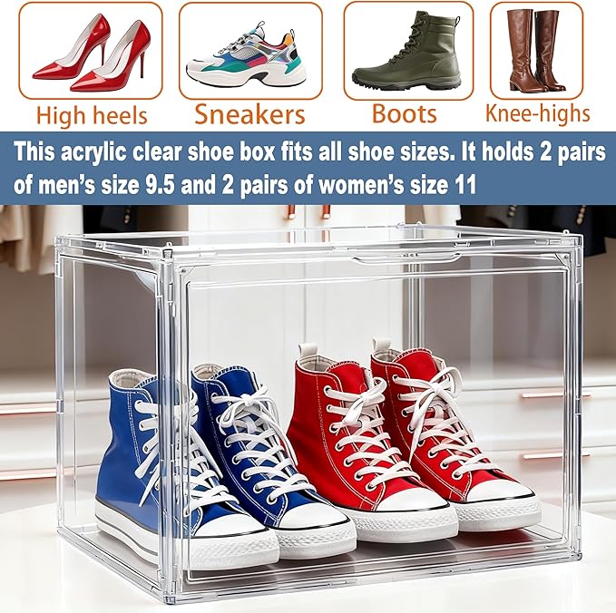 3 Pack XXX-Large Tall Boot Storage Organizer 17.3x13x13, Acrylic Display Case Shoe Boxes Extra Large Helmet Showcase Clear Stackable Hangbag Tote Bag with Magnetic Lid, 3 Pack Boxes with 2 Shoe Bags
