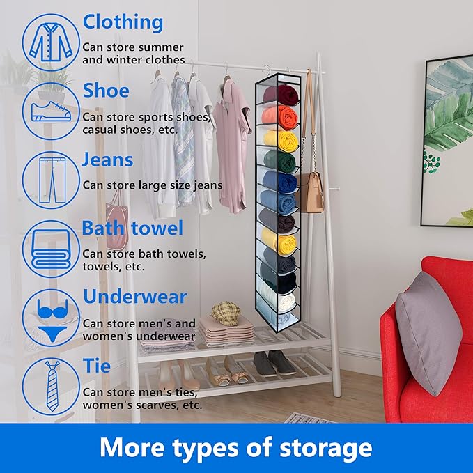 Closet Organization,12 Section, Hanging Closet Organizer, Space Saving, College Dorm Essentials for Girls,Heavy dutys Hooks Up to 45 Pounds,Clothes Storage,Closet Organizer,White/Black