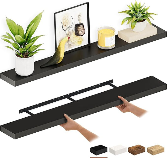 Ballucci Floating Shelves for Wall, 55 inch 2-Tier Black Shelf, Invisible Brackets, Wood Wall Shelf for Living Room, Bedroom, Kitchen Organizer, Clearing Clutter