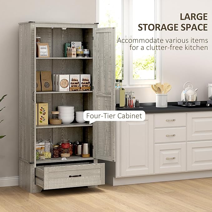 HOMCOM 72" Tall Farmhouse Kitchen Pantry Cabinet - Kitchen Storage Cabinet with Adjustable Shelves & 2 Barn Doors & Drawer, Versatile Storage Unit for Dining Room, Distressed Light Gray