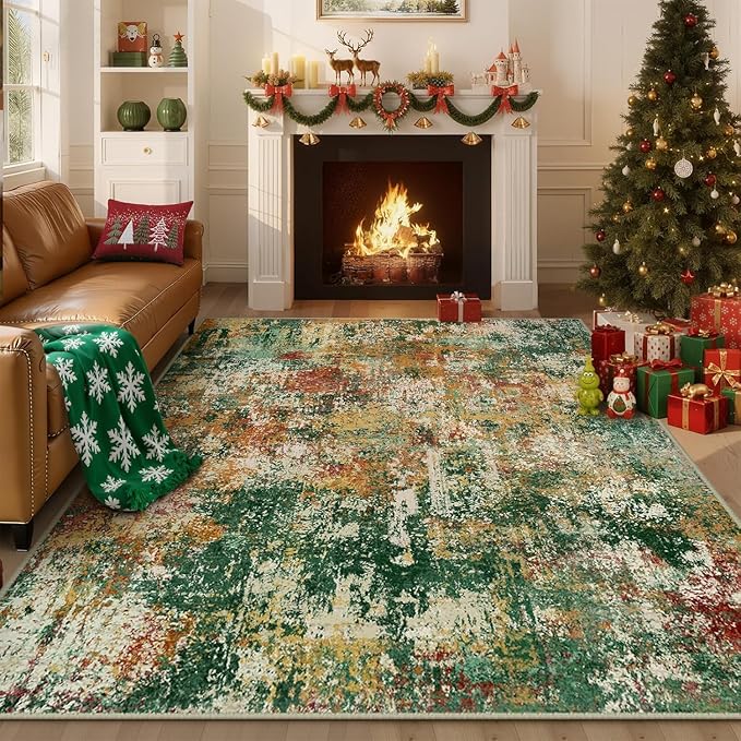 Washable Area Rugs 10'x14 Non-Slip Modern Abstract Soft for Living Room Entryway Bedroom Nursery, Print Pattern, Green Orange Rust Red Cream Colorful