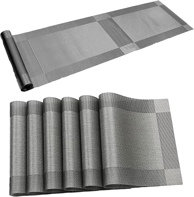 Placemats, Washable PVC Table Mats, Woven Vinyl Placemat for Dining Table Place Mats Set (6 placemats and 1 Table Runner, Silver and Grey)