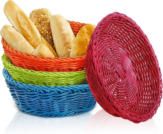 AVLA 4 Pack Woven Breads Baskets, Imitation Rattan Fruit Storage Bowls, Stackable Handwoven Serving Basket, Poly-Wicker Round Basket Set for Organizing, Decorative Gift Basket for Countertop, Pantry