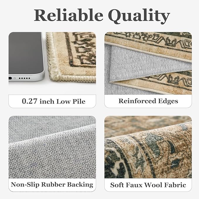 Vintage Distressed 2x3 Kitchen Rugs Washable Non Slip, Moody Medallion Door Mat Indoor Entrance Entryway, Small Low Pile Rugs for Bedroom/Bathroom Vanity/Laundry Room, Multi Brown/Olive Green