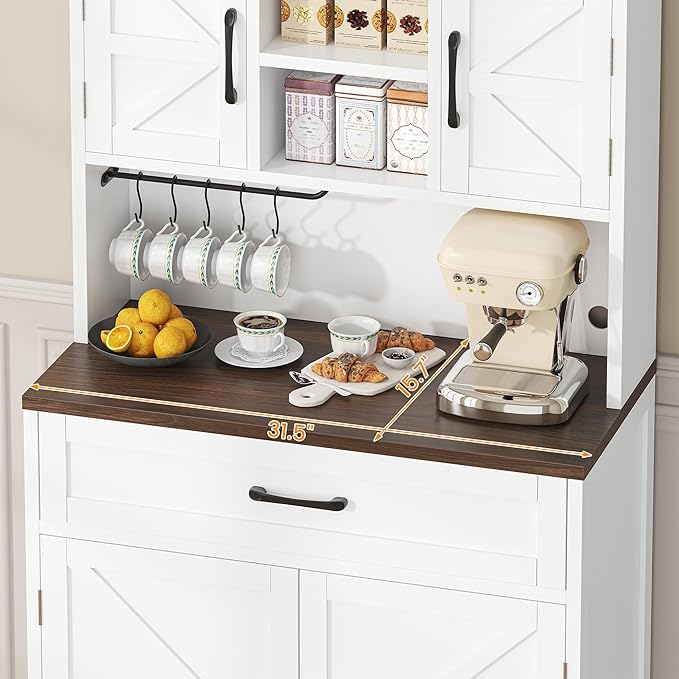 Semoic 69.3" Tall Kitchen Pantry Cabinet, Farmhouse Large Storage Cabinet with 2 Barn Doors, 1 Drawer and Storage Shelves, Buffet Cupboard Kitchen Hutch with Wide Countertop and Charge Holes, White