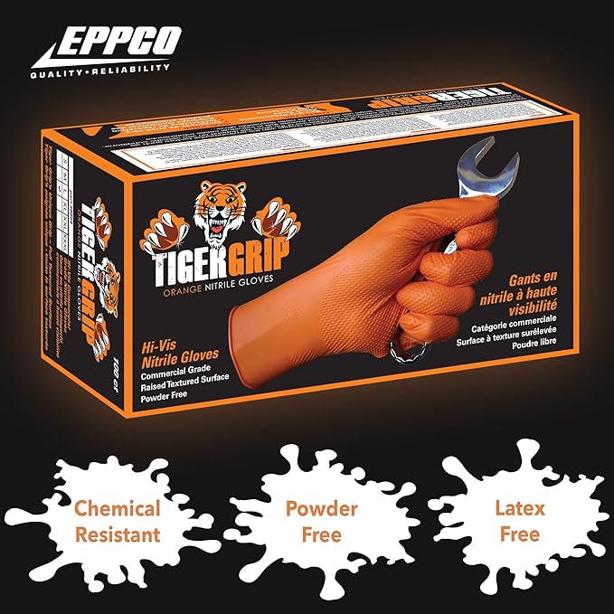 EPPCO TigerGrip 8-Mil Nitrile Glove Disposable Powder, Latex Free Textured Superior Grip Orange Gloves, Large, Box of 100