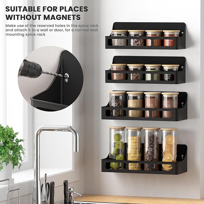 Jewem Magnetic Spice Rack for Refrigerator and Oven, 4 Pack Moveable Magnetic Shelves for Spice Jars, Heavy Duty Seasoning Rack Easy To Install For Kitchen Pantry kitchen organizers and storage