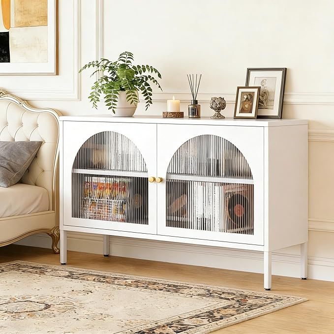 Metal TV Stand, Modern Storage Cabinet with 2 Acrylic Doors, Display Hallway Cabinet with Adjustable Shelf, Living Room Storage Cabinet for Home,Office,Entryway,Dining Room,Bedroom,White