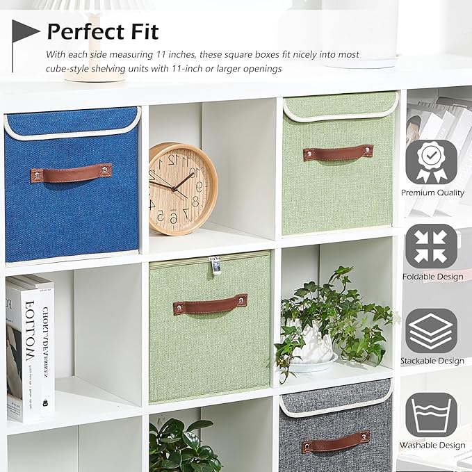 4PCS Storage Cubes with Lid Fabric Storage Bins Boxes PU Leather Handles Cotton Linen Closet Organizer Container Decorative Foldable Washable Shelf Cloth Basket (Zipper Lid, Green, 11in)